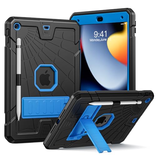 Herize iPad 9. Generation Case mit Stand & Pencil Holder, Kids Protective iPad 10.2 Inch Cover 7th 8th 9th Gen 2019 2020 2021, Black&Blue Spider Web Cool Design for Boys Girls Anime Lovers. von Herize