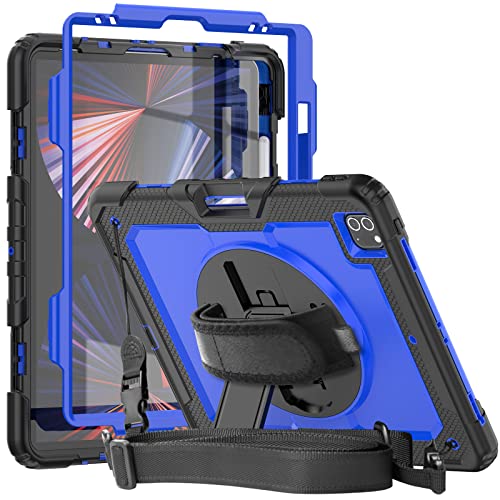 kompatibel mit iPad Pro 12.9 2020 Displayschutzfolie und Stifthalter, Herize 3-lagige robuste Schutzhülle 360 Grad drehbarem Ständer Gurt für Modell A2229/A2069/A2232/A2233 | Blau von Herize