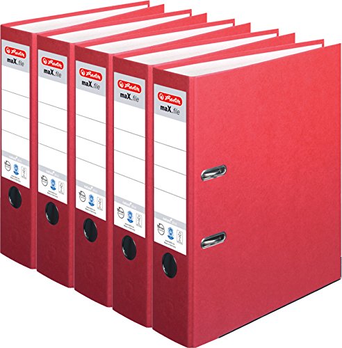 HERLITZ Ordner maX.file nature+ A4 8cm | Kraftpapierbezug selbstklebendes Rückenschild | 5er Sparpack in diversen Farben zur Auswahl (Rot, breit 8cm | 5er Pack) von Herlitz