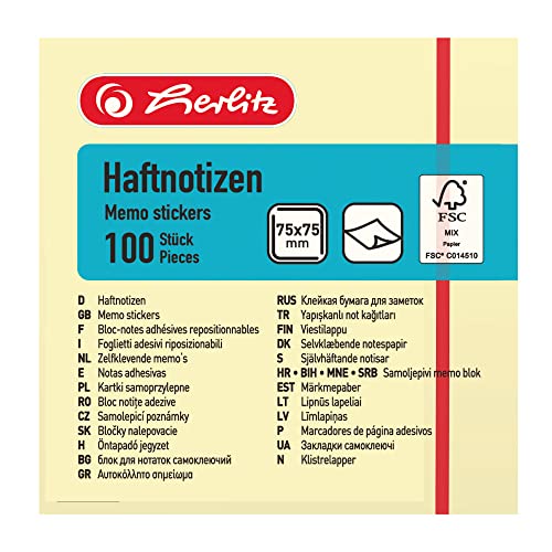 Herlitz 790287 Memoboard, selbstklebend, 75 x 75 m, Hellgelb, 100 Blatt, nicht permanent, FSC Mix von Herlitz