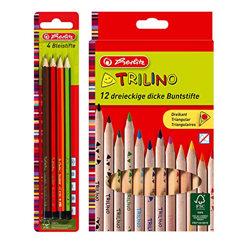 Herlitz Bleistifte Scolair aus FSC Holz, Härtegrad H/HB/B / 2B, lackiert (4 Bleistifte & 12 Buntstifte Trilino) von Herlitz