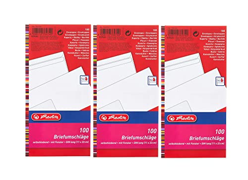 Herlitz Briefumschlag DIN Lang Selbstklebend, 100 Stück mit Innendruck in Folienpackung, eingeschweißt, weiß (3er Pack) von Herlitz