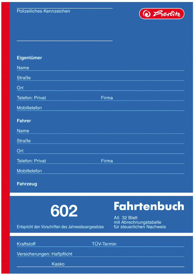 herlitz Formularbuch , Fahrtenbuch 602, , A5, 32 Blatt von Herlitz