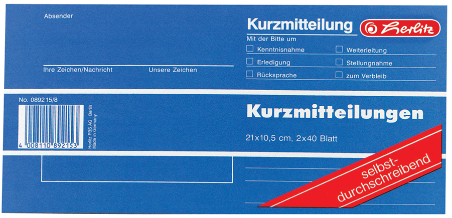herlitz Formularbuch , Kurzmitteilung, , 1/3 A4 quer von Herlitz