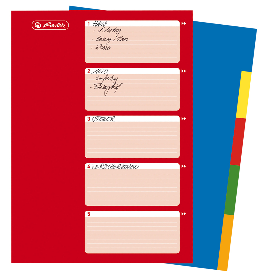 herlitz Kunststoff-Register, blanko, A4, farbig, 5-teilig von Herlitz