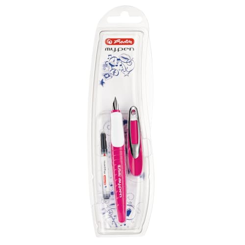 herlitz Schulfüllhalter my.pen, für Rechtshänder (M-Feder), pink/weiß, 1 Stück in Folienetui, 50046805 von Herlitz