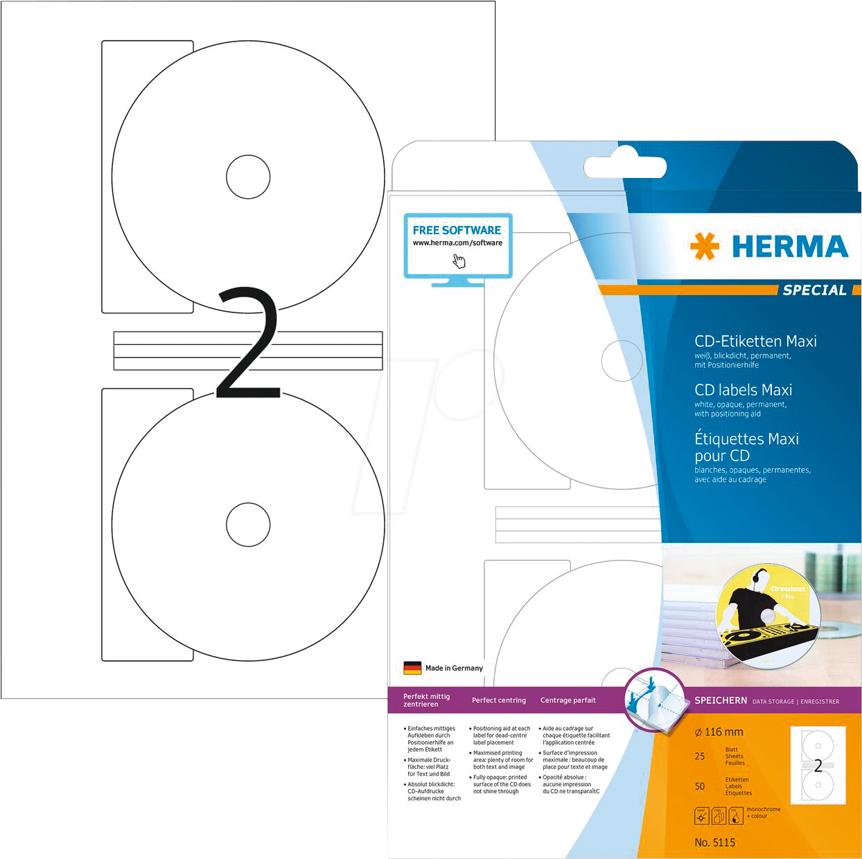 HERMA 5115 - CD-Etiketten, 50 Stück, weiß von Herma