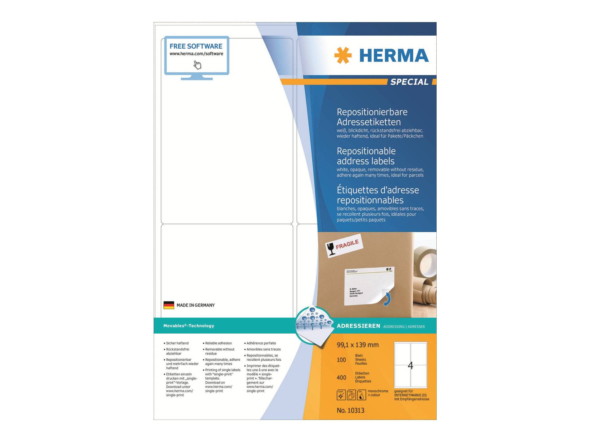HERMA Adressetiketten A4 weiß 99,1x139 mm opak 400 St. HERMA Adressetiketten A4 weiß 99,1x139 mm opak 400 St. von Herma