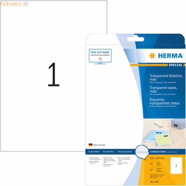 HERMA Etiketten Folie transparent 210x297mm Special A4 LaserCopy VE=25 von Herma