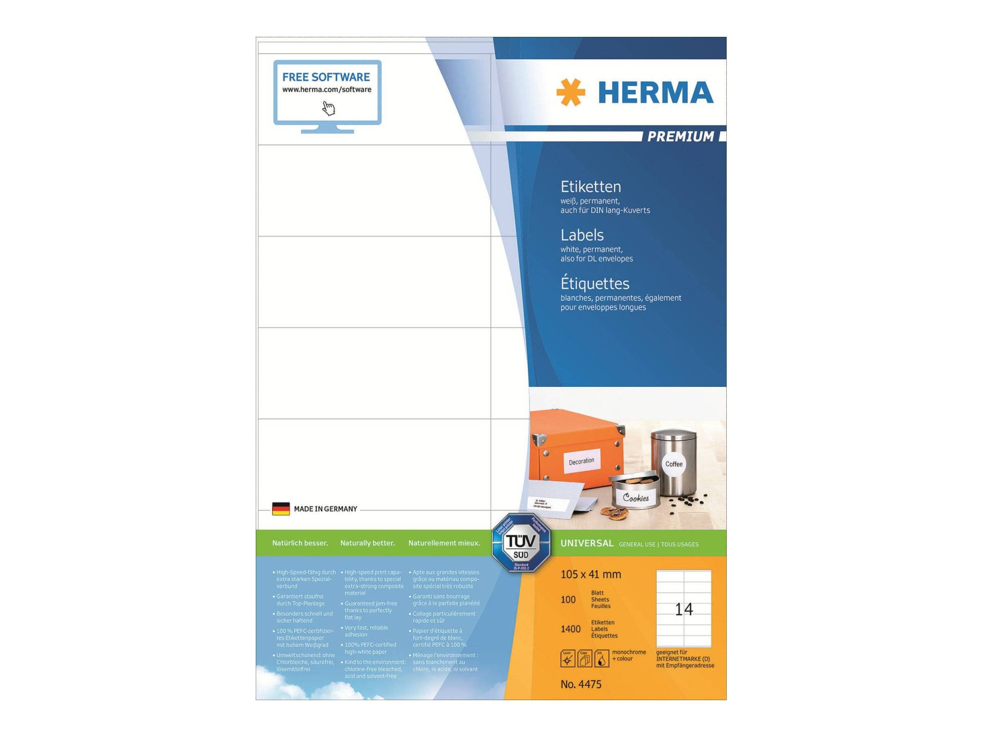 HERMA Etiketten Premium A4 weiß 105x41  mm Papier 1400 St. von Herma
