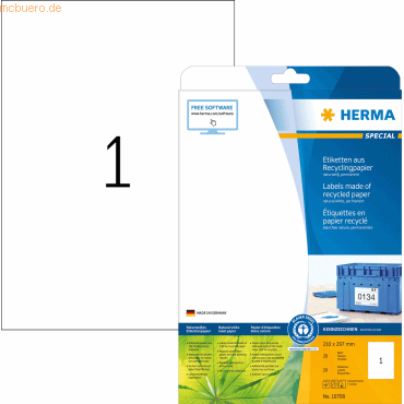 HERMA Etiketten Recyclingpapier A4 210x297mm weiß VE=20 Blatt/20 Stück von Herma