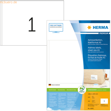 HERMA Etiketten weiß 148,5x205mm Premium A5 VE=400 Stück HERMA Etiketten weiß 148,5x205mm Premium A5 VE=400 Stück von Herma