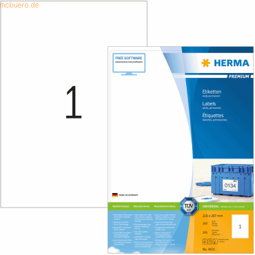 HERMA Etiketten weiß 210x297mm Premium A4 VE=200 Stück von Herma