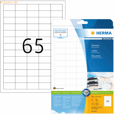 HERMA Etiketten weiß 38,1x21,2mm Premium A4 VE=1625 Stück von Herma