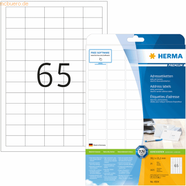 HERMA Etiketten weiß 38,1x21,2mm Premium A4 VE=1625 Stück von Herma