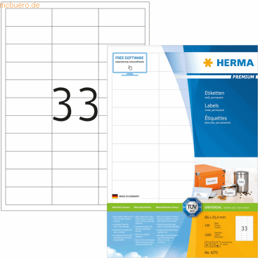 HERMA Etiketten weiß 66x25,4mm Premium A4 VE=3300 Stück von Herma