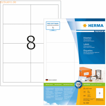 HERMA Etiketten weiß 96,5x67,7mm Premium A4 VE=800 Stück HERMA Etiketten weiß 96,5x67,7mm Premium A4 VE=800 Stück von Herma