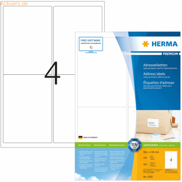 HERMA Etiketten weiß 99,1x139mm Premium A4 VE=400 Stück HERMA Etiketten weiß 99,1x139mm Premium A4 VE=400 Stück von Herma