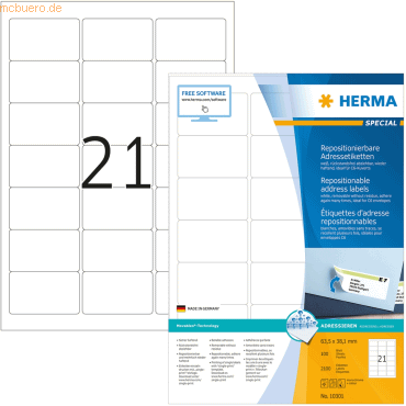 HERMA Etiketten weiß Movables/ablösbar 63,5x38,1mm Special A4 VE=2100 von Herma