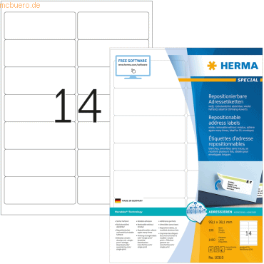 HERMA Etiketten weiß Movables/ablösbar 99,1x38,1mm Special A4 VE=1400S von Herma