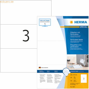 HERMA Etiketten weiß perforiert 210x99mm Special A4 VE=300 Stück HERMA Etiketten weiß perforiert 210x99mm Special A4 VE=300 Stück von Herma
