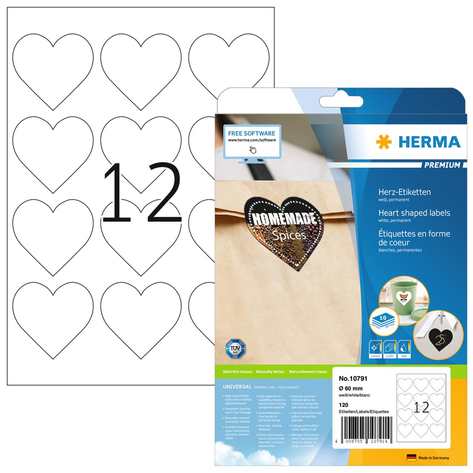 HERMA Herz-Etiketten, Durchmesser: 60 mm, weiß von Herma