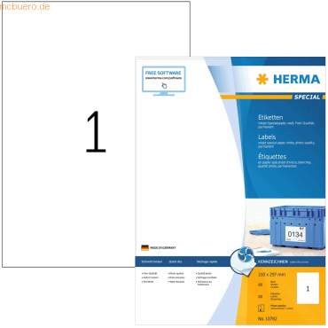 HERMA Inkjet-Etiketten weiß 210x297mm Special A4 VE=80 Stück von Herma