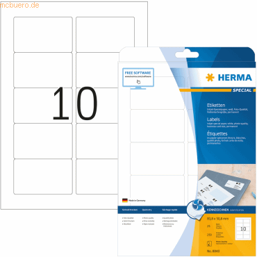 HERMA Inkjet-Etiketten weiß 83,8x50,8mm Special A4 VE=250 Stück von Herma
