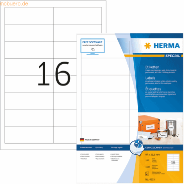 HERMA Inkjet-Etiketten weiß 96,5x33,8mm Special A4 VE=1600 Stück von Herma
