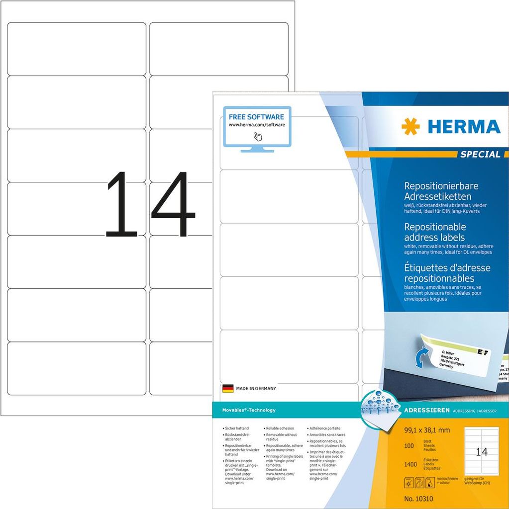 HERMA Movables - Selbstklebende Etiketten - weiß - 99,1 x 38,1 mm - 1400 Stck. (100 Bogen x 14) (10310) von Herma