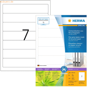 HERMA Ordneretiketten 192,0x38,0mm naturweiß RC A4 VE=80 Blatt von Herma