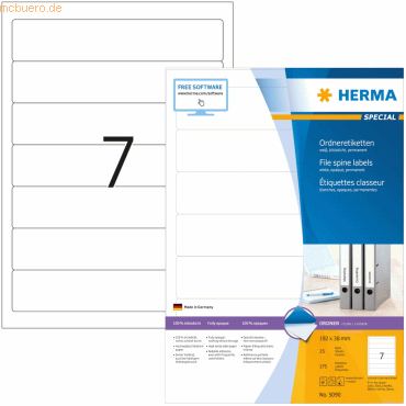 HERMA Ordneretiketten weiß 192x38mm Special A4 VE=700 Stück HERMA Ordneretiketten weiß 192x38mm Special A4 VE=700 Stück von Herma