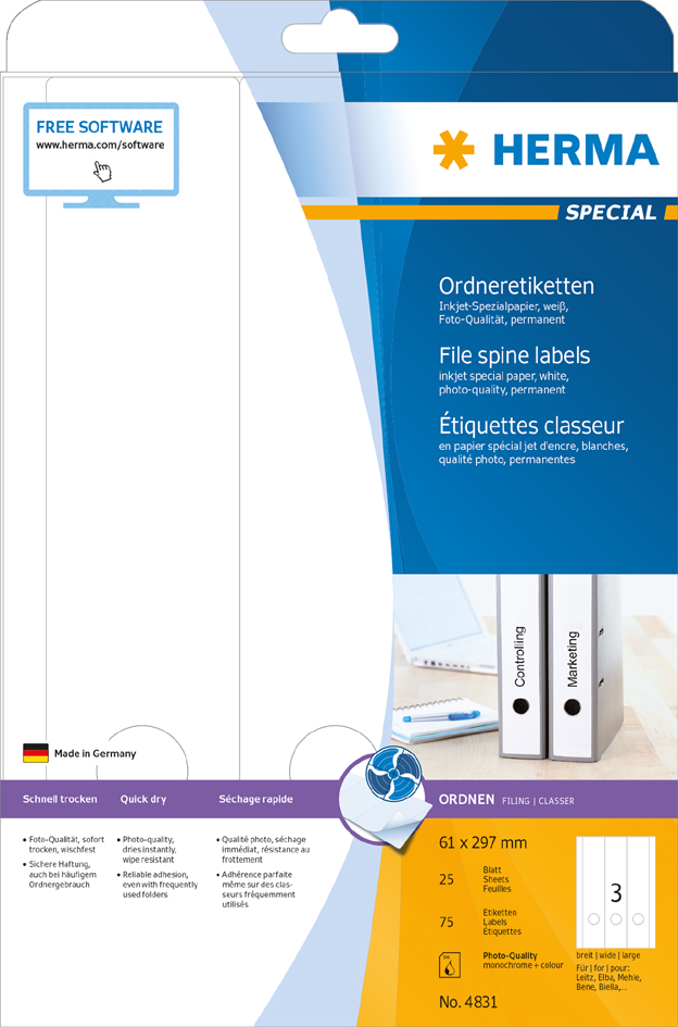 HERMA Ordnerrücken-Etiketten SPECIAL, 297 x 61 mm, weiß von Herma