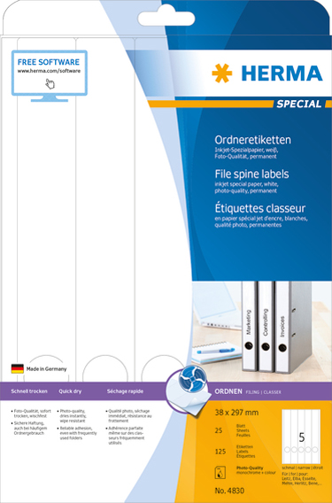 HERMA Ordnerrücken-Etiketten SPECIAL, 38 x 297 mm, weiß von Herma