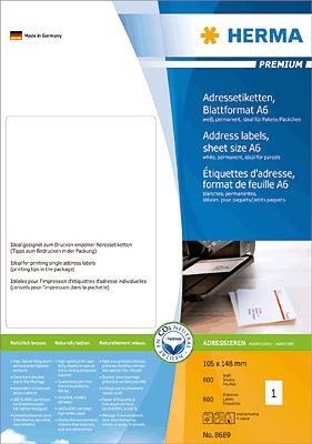 HERMA Premium - Adressetiketten - Papier - matte - permanent self-adhesive - weiß - 105 x 148 mm 800 Etikett(en) (800 Bogen x 1) (8689) von Herma