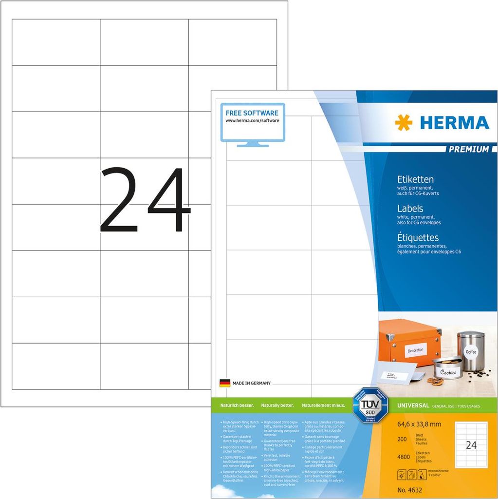 HERMA Premium - Permanent selbstklebende, matte laminierte Papieretiketten - weiß - 64,6 x 33,8 mm - 4800 Etikett(en) (200 Bogen x 24) (4632) von Herma