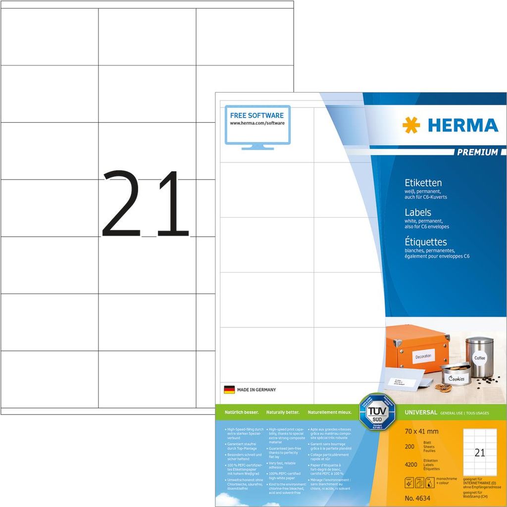 HERMA Premium - Permanent selbstklebende, matte laminierte Papieretiketten - weiß - 70 x 41 mm - 4200 Etikett(en) (200 Bogen x 21) (4634) von Herma