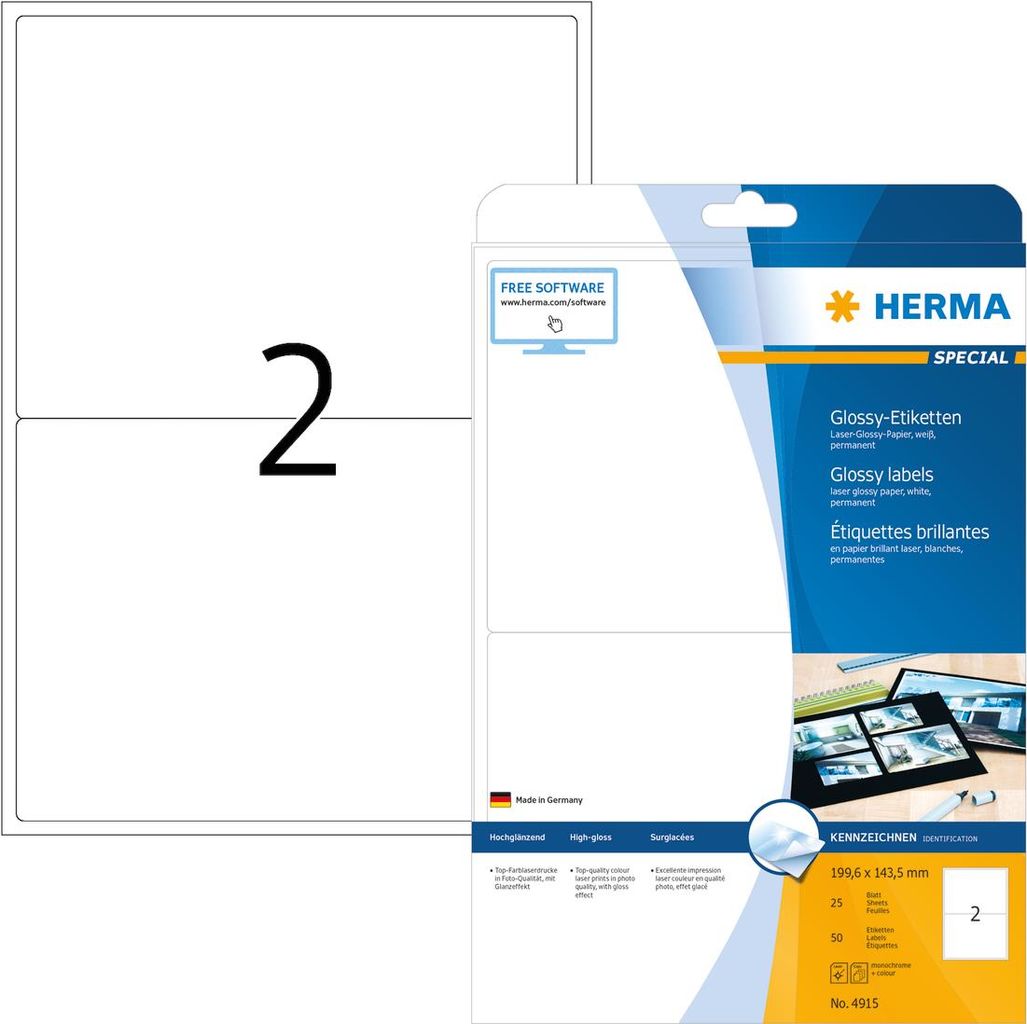 HERMA Special - Hochglänzende, permanent selbstklebende Papieretiketten - weiß - 199,6 x 143,5 mm 50 Etikett(en) (25 Bogen x 2) (4915) von Herma