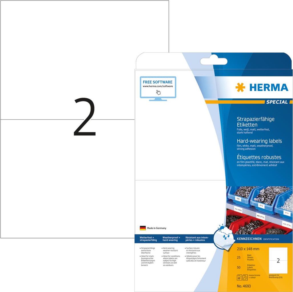 HERMA Special - Permanent selbstklebende, matte Folienetiketten - weiß - 210 x 148 mm - 50 Etikett(en) (25 Bogen x 2) (4693) von Herma