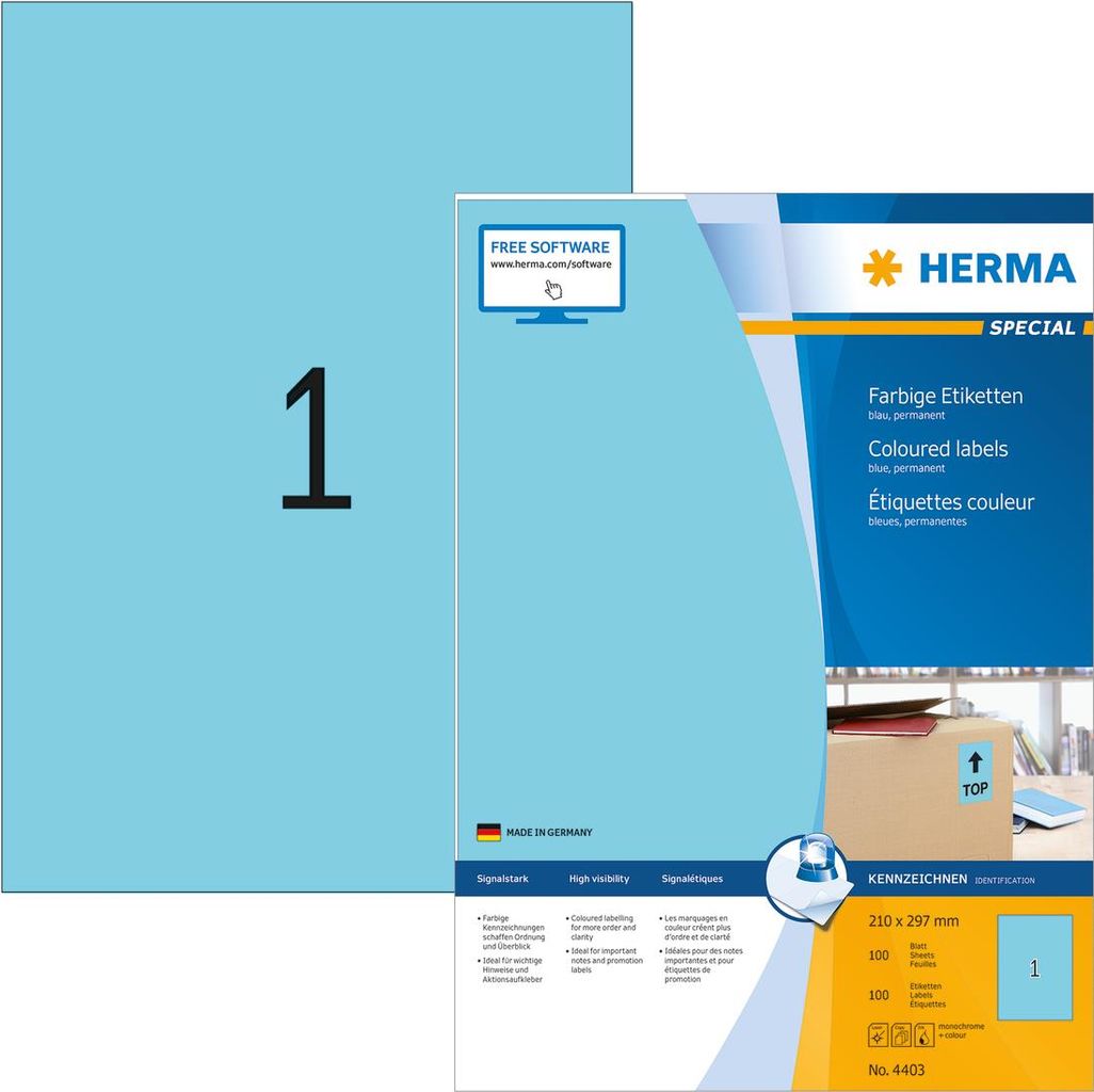 HERMA Special - Permanent selbstklebende, matte Papieretiketten - Blau - A4 (210 x 297 mm) - 100 Etikett(en) (100 Bogen x 1) (4403) von Herma