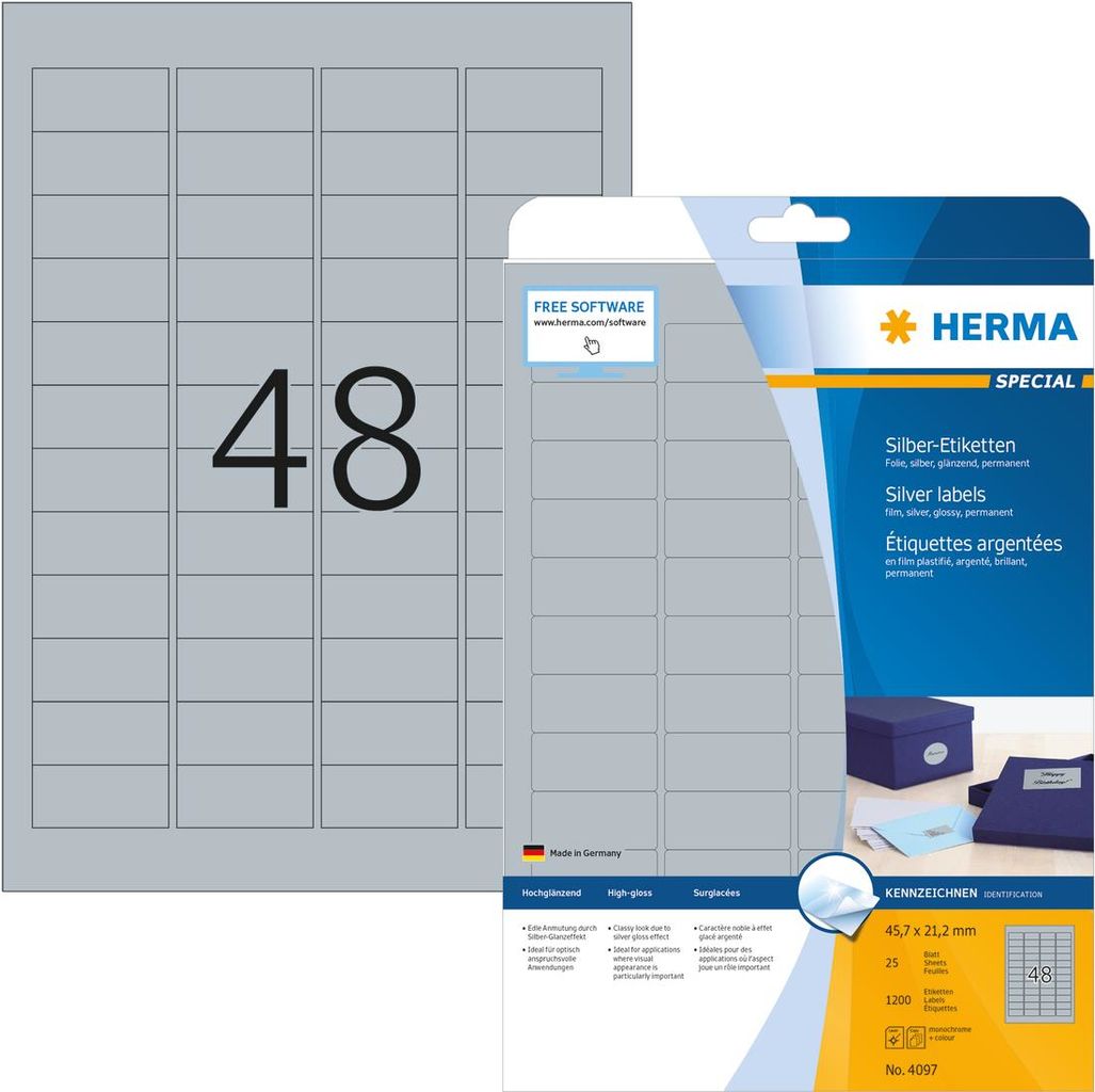 HERMA Special - Permanent self-adhesive glossy polyester film labels - Silber - 45,7 x 21,2 mm - 1200 Etikett(en) (25 Bogen x 48) (4097) von Herma