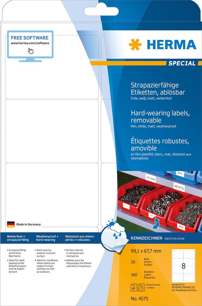 HERMA Special - Weather-proof self-adhesive removable matte labels - weiß - 99,1 x 67,7 mm 160 Etikett(en) (20 Bogen x 8) (4575) von Herma