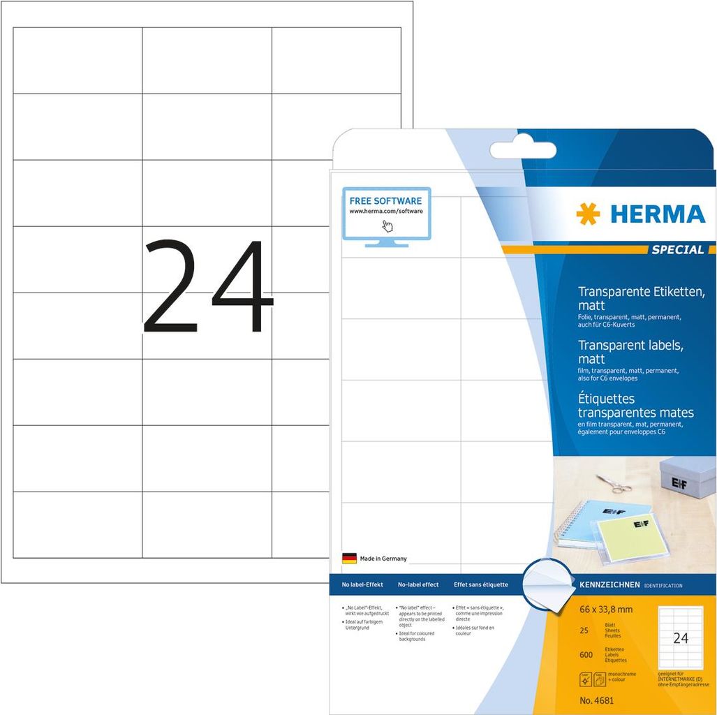 HERMA SuperPrint - Selbstklebende Etiketten, matt - durchsichtig - 33,8 x 66 mm - 600 Stck. (4681) von Herma