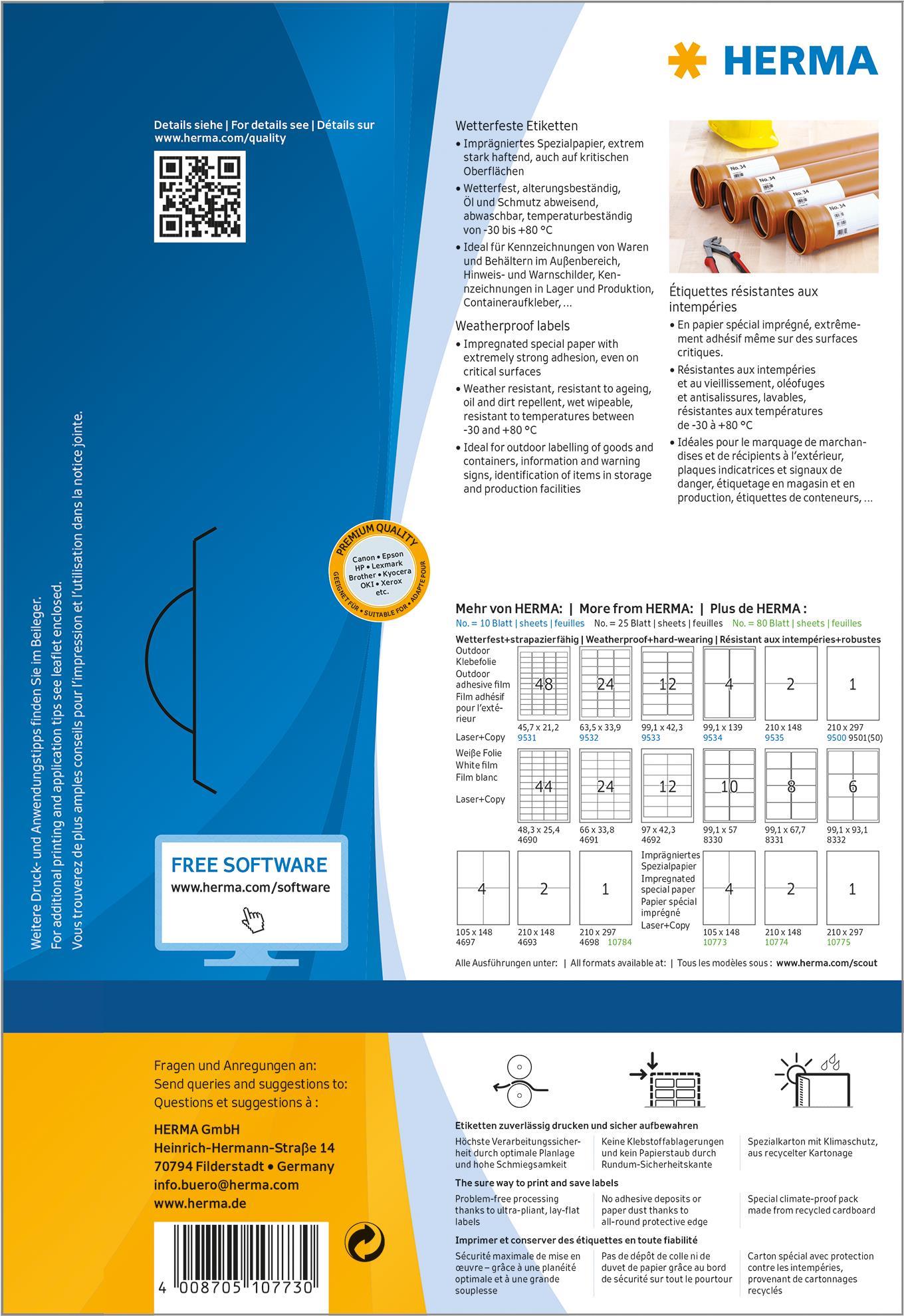 HERMA Wetterfeste Etiketten aus Spezialpapier, 105 x 148 mm weiß, aus Papier, imprägniert, selbstklebend, - 1 Stück (10773) von Herma