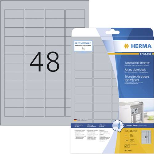 Herma 4221 Typenschild-Etiketten 45.7 x 21.2mm Polyester-Folie Silber 1200 St. Permanent haftend Las von Herma
