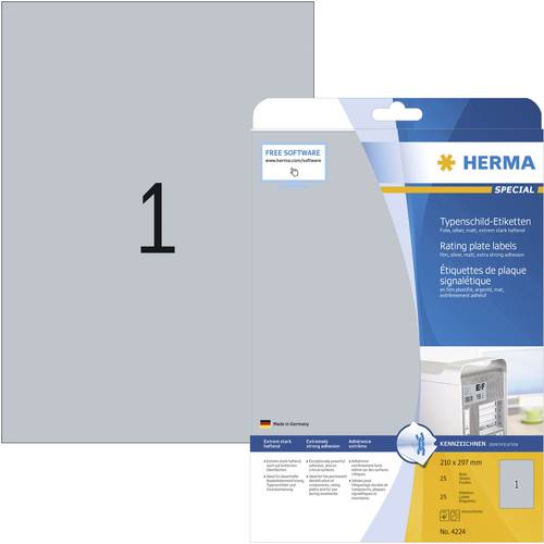 Herma 4224 Typenschild-Etiketten 210 x 297mm Polyester-Folie Silber 25 St. Permanent haftend Laserdr Herma 4224 Typenschild-Etiketten 210 x 297mm Polyester-Folie Silber 25 St. Permanent haftend Laserdr von Herma