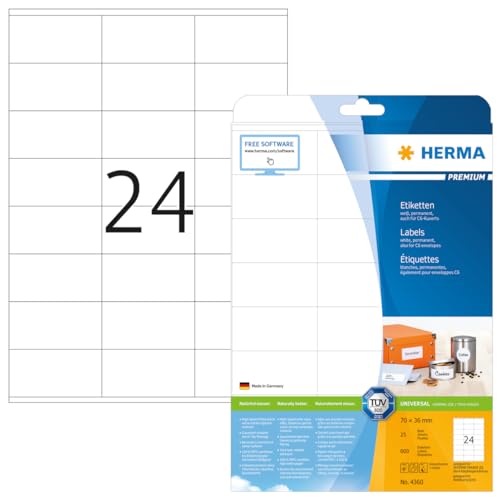 Herma 4360 600 Etiketten 70x36mm selbstklebend auf insgesamt 25 Blatt DIN A4, allround-Qualität weiss Herma 4360 600 Etiketten 70x36mm selbstklebend auf insgesamt 25 Blatt DIN A4, allround-Qualität weiss von Herma