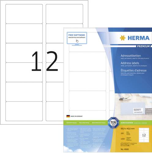 Herma 4666 Adress-Etiketten 88.9 x 46.6mm Papier Weiß 1200 St. Permanent haftend Tintenstrahldrucke von Herma