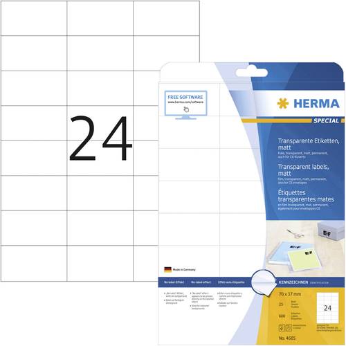 Herma 4685 Folien-Etiketten 70 x 37mm Polyester-Folie Transparent 600 St. Permanent haftend Farblase von Herma