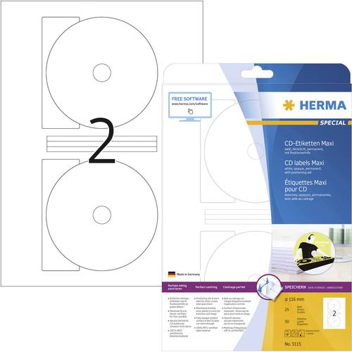 Herma 5115 CD-Etiketten Ø 116mm Papier Weiß 50 St. Permanent haftend Tintenstrahldrucker, Laserdru von Herma